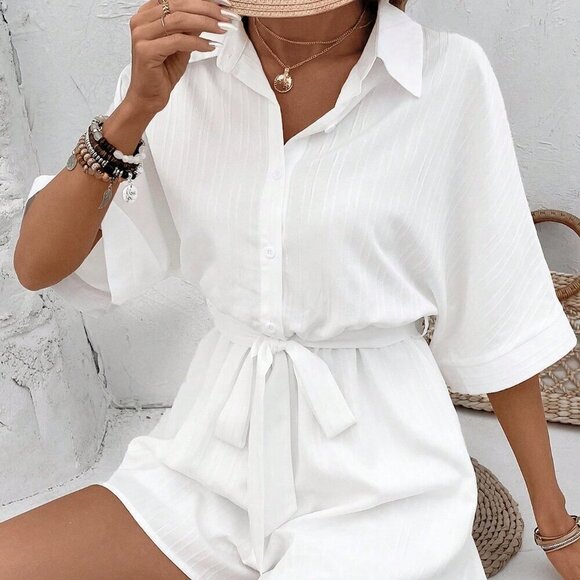 White Casual Women's Summer Solid Color Shirt Jumpsuit - Picture 4 of 5